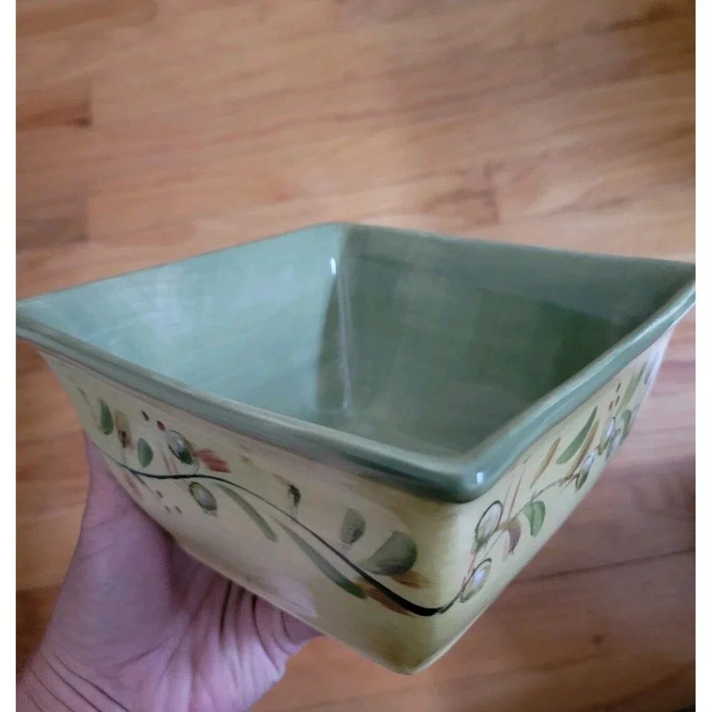 Pier 1 Olive Green Earthenware Square Hand Painted Olives Vines Cereal Soup Bowl